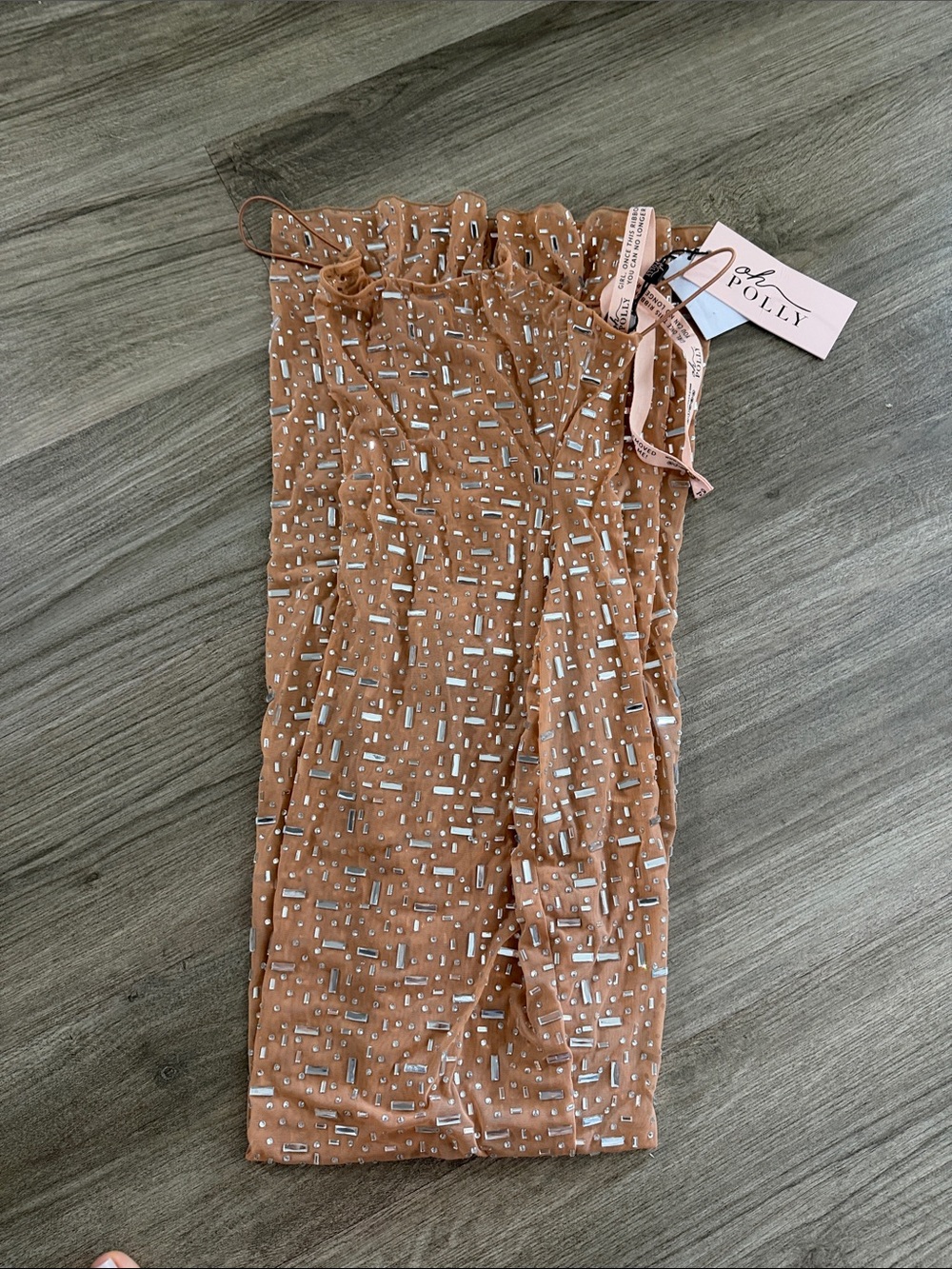 Oh Polly Midi Skirt in Tan with Metallic Silver Accents